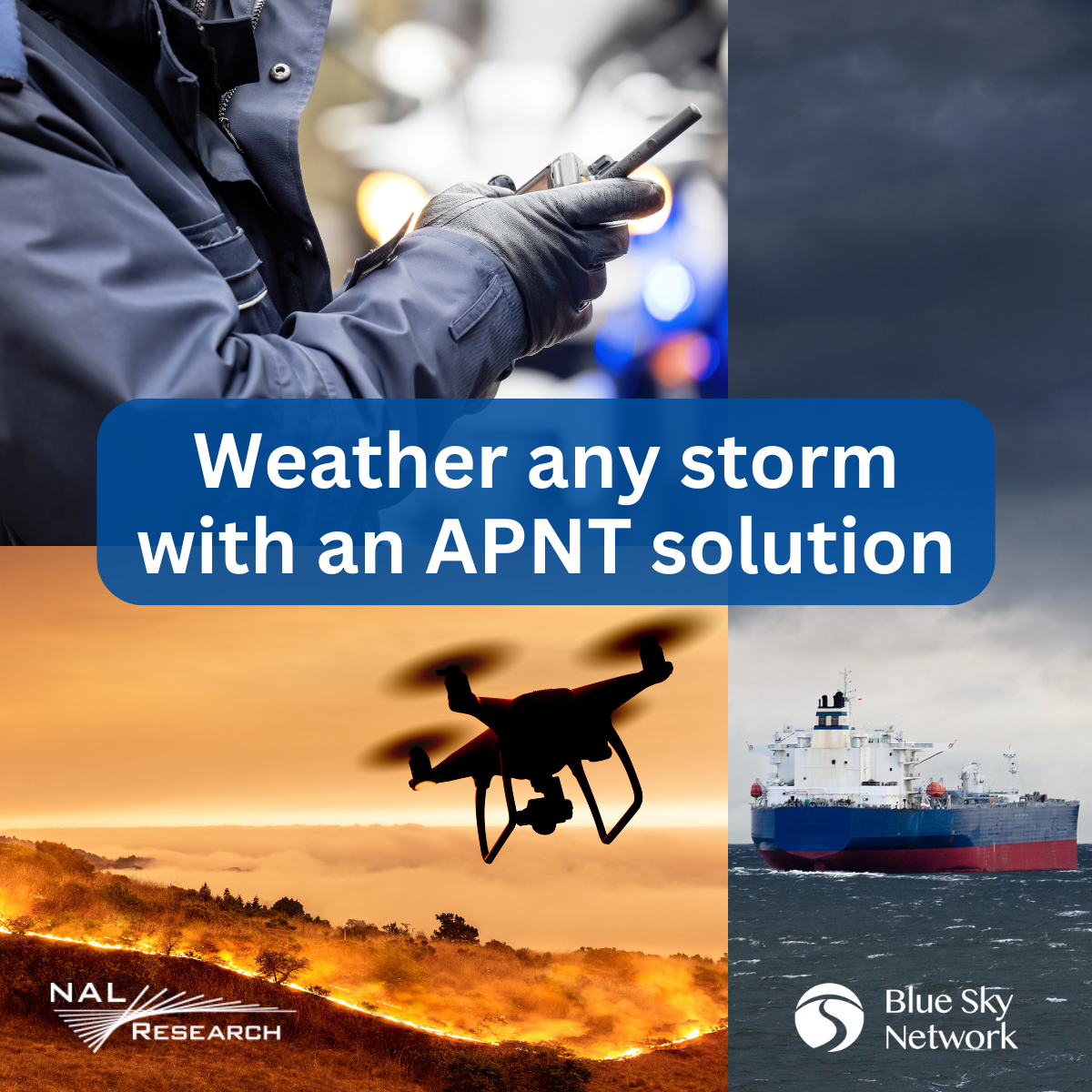 Man with handheld device; drone over wildfire; boat at sea with stormy weather